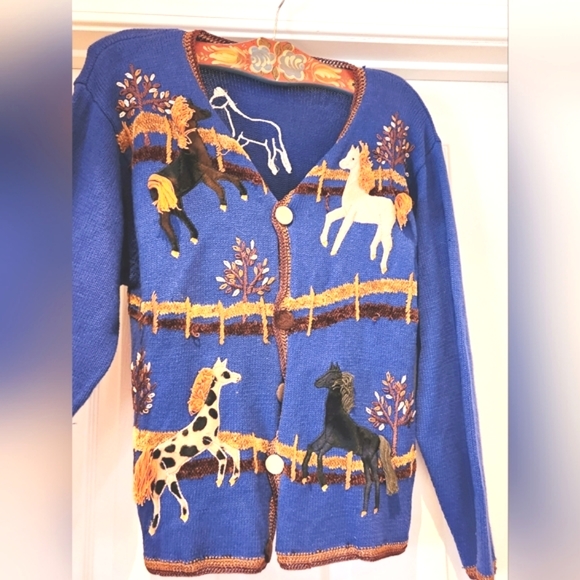 Victoria Harbour Vintage 80's Sweaters - 80s VICTORIA HARBOUR Kitsch Horses Country Western Ranch Knit Cardigan Jumper EV